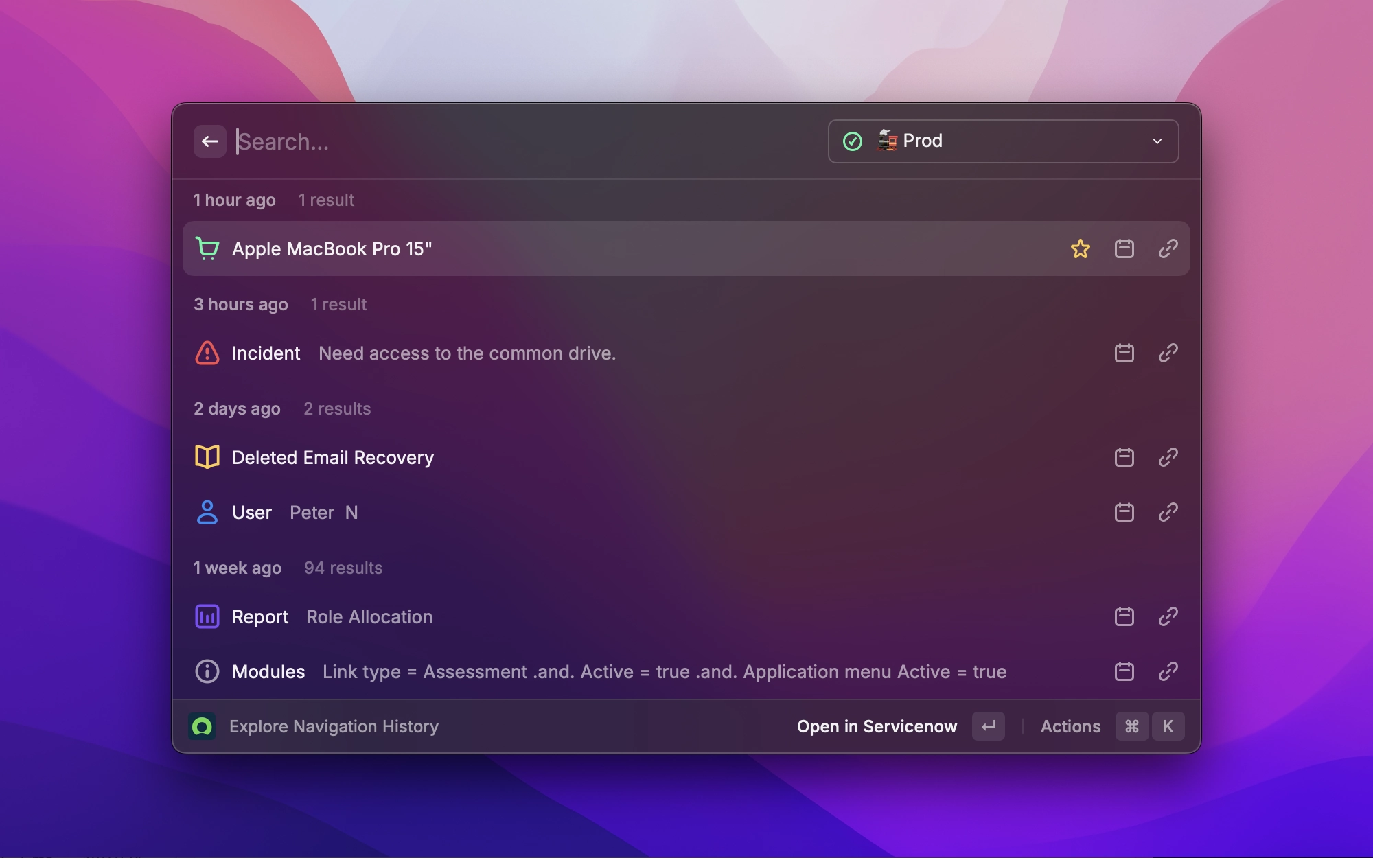 ServiceNow extension for Raycast — search and explore content across your instances