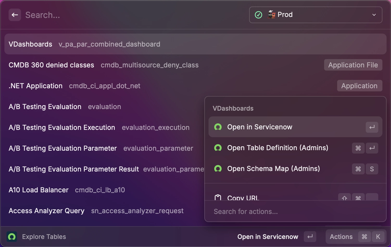 Raycast ServiceNow extension — search results view